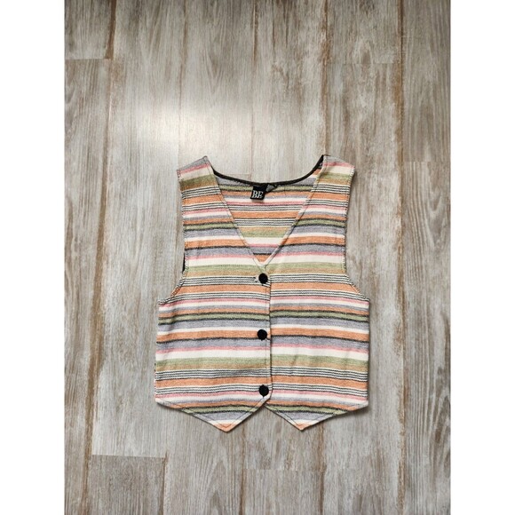 VTG Basic Editions Mutlicolor Stripe Vest Sleeveless V Neck Cotton Retro Sz M - Picture 1 of 11